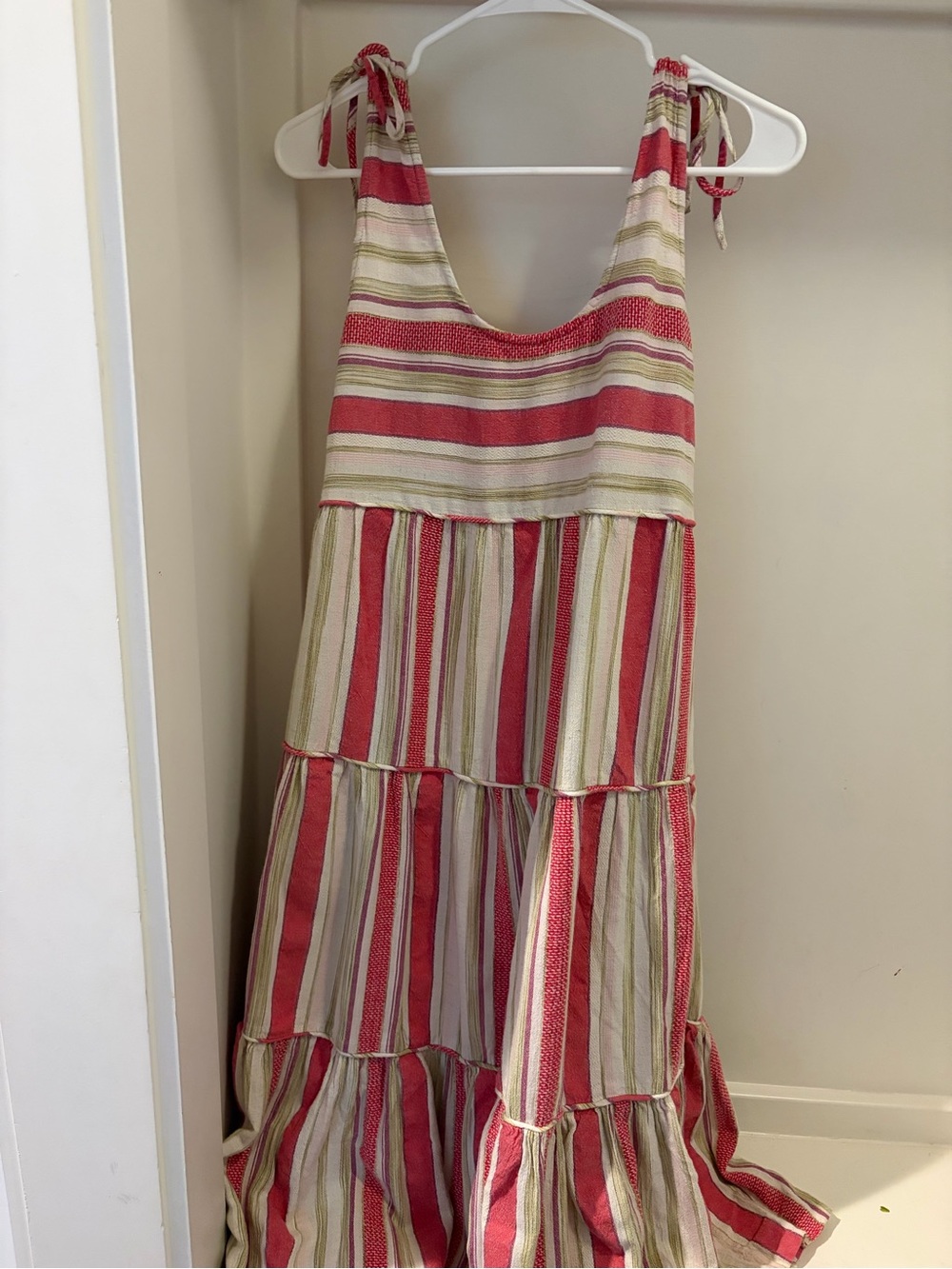 Faherty Pink, Cream & Olive Striped Tie-Shoulder Maxi Dress - Picture 2 of 7